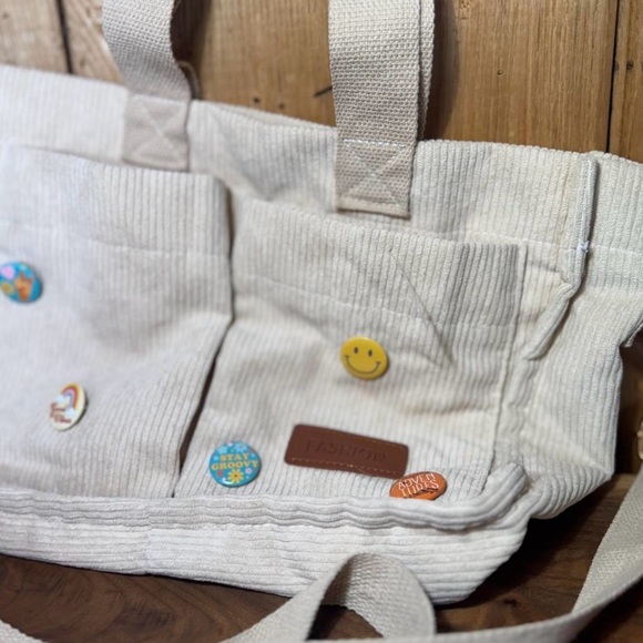 Cream/ Light Tan Corduroy Tote Bag with buttons (Bonus bag free) - Picture 2 of 12